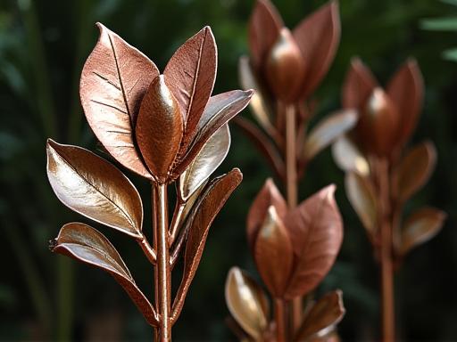 Sculture botanche in metallo riciclato raffiguranti piante esotiche